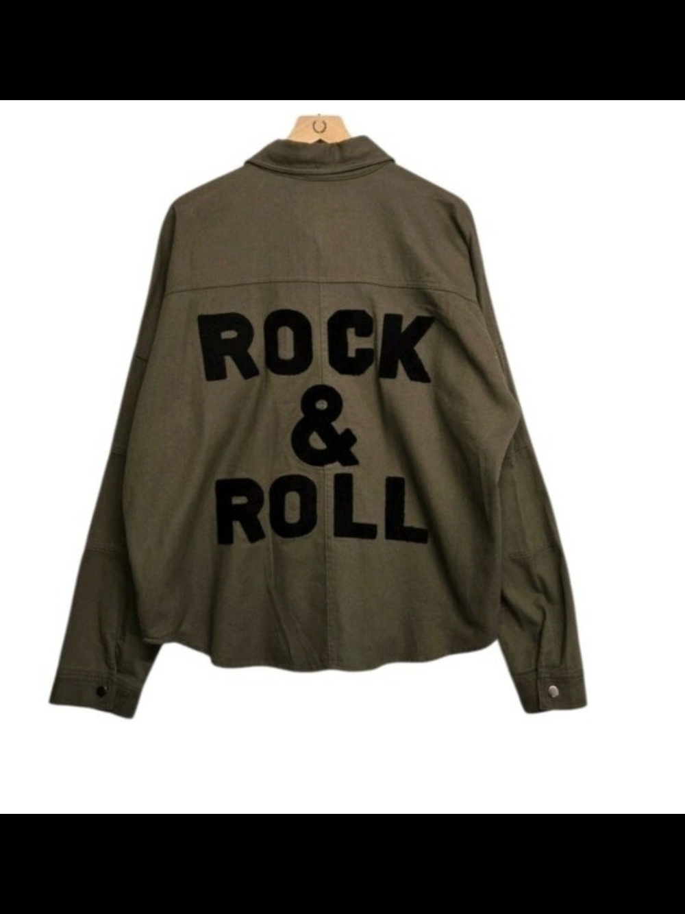 Francesca's Collections Olive Green & Black 'Rock & Roll' Jean Jacket